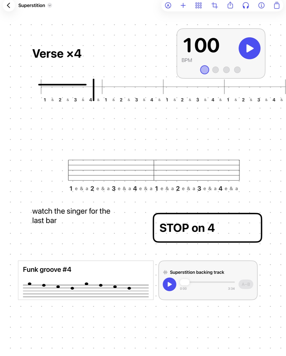 The DrumThings chart editor: a hand-drawn chart for Superstition with a 100 BPM click, a drum-staff bar, text cues, a clip from a drum book and a backing track on one page