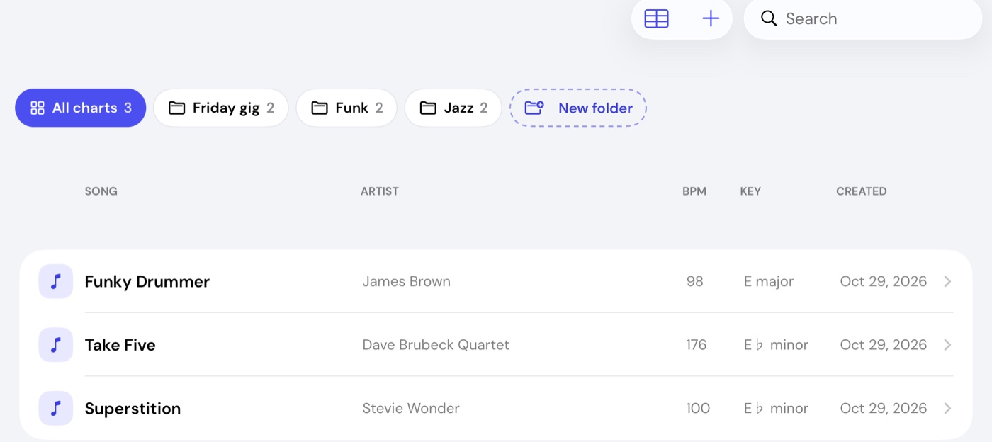 The DrumThings Charts list with Funky Drummer, Take Five and Superstition, showing artist, BPM, key and date