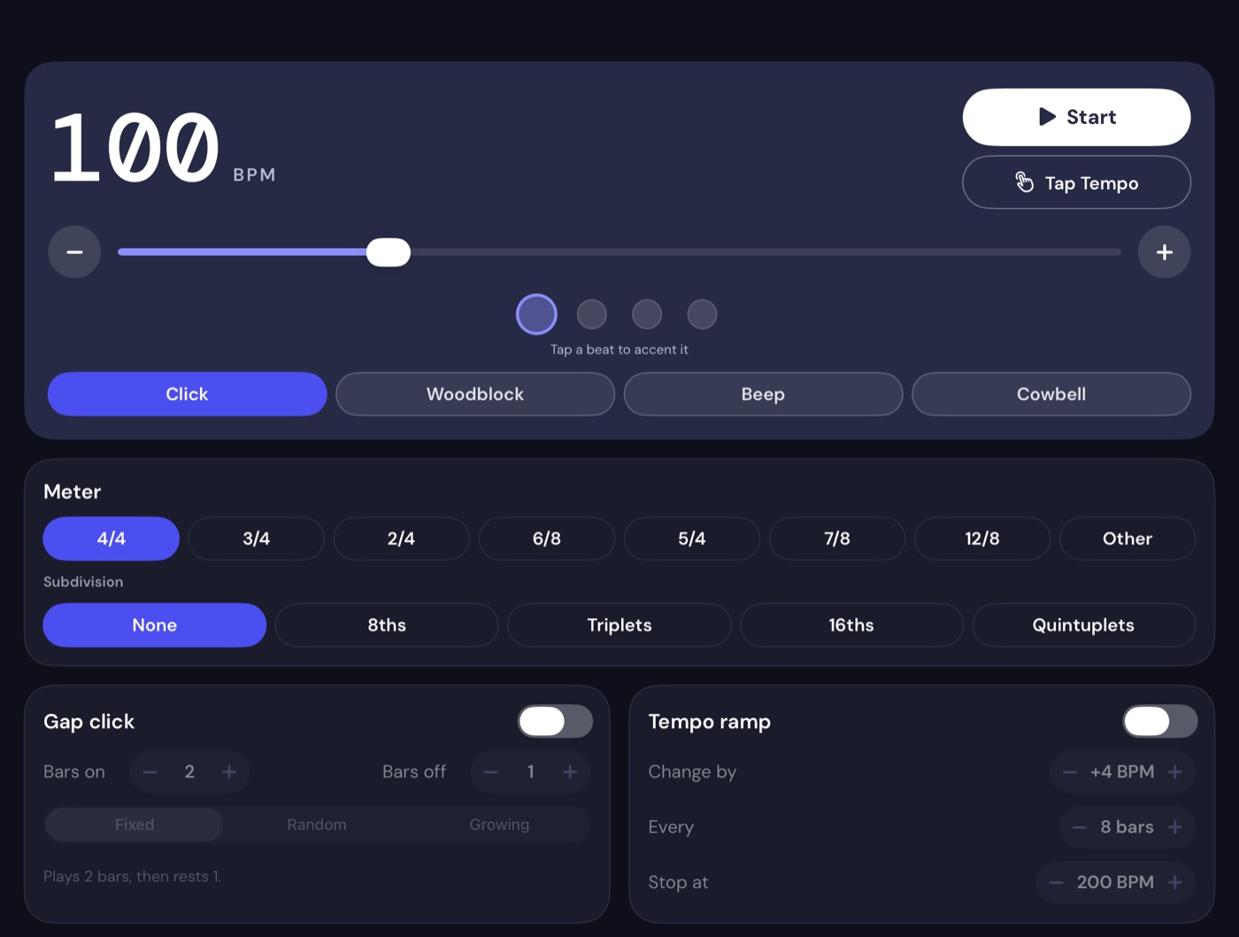 The DrumThings click screen at 100 BPM with meter, subdivision, gap click and tempo ramp controls