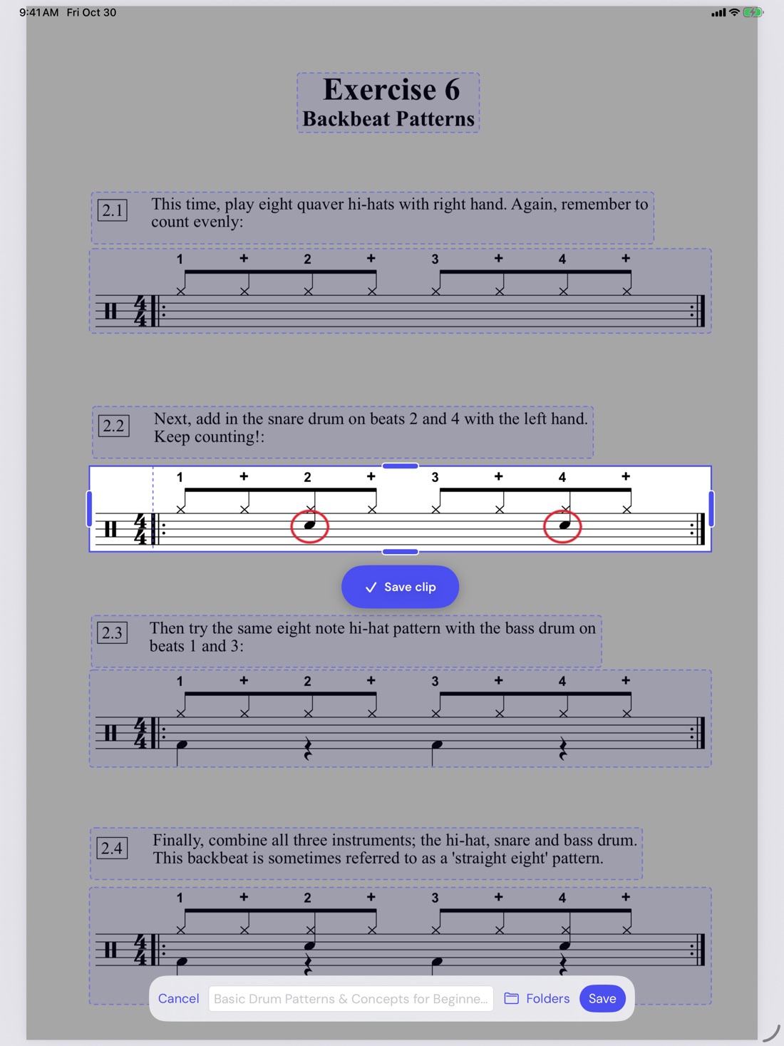 A drum book page being clipped, with one line of music picked and a Save clip button