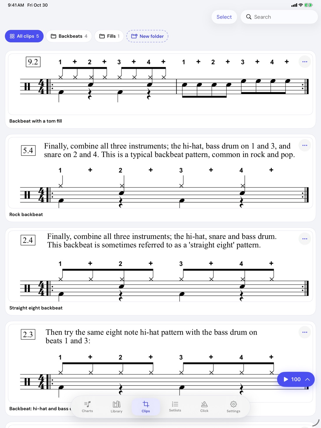 The DrumThings Clips screen listing backbeat exercises cut from a drum book, with Backbeats and Fills folders
