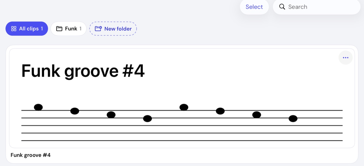 The DrumThings Clips screen with a clip called Funk groove #4, cropped from a drum book page