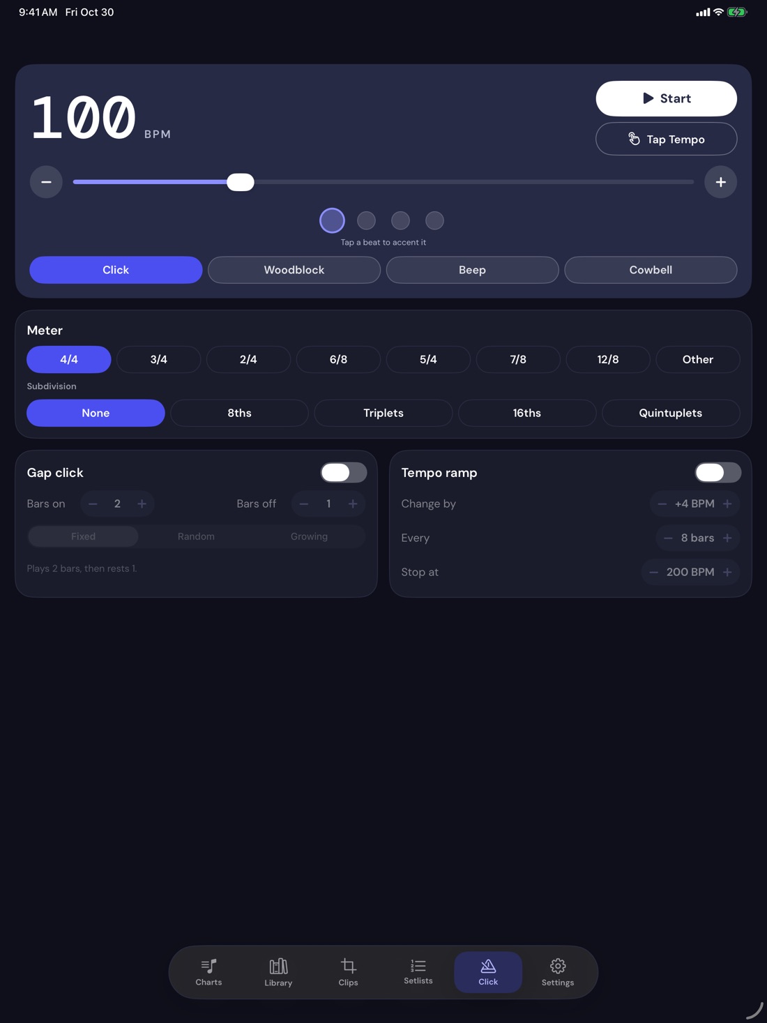 The DrumThings metronome screen in dark mode at 100 BPM with meter, subdivision, gap click and tempo ramp controls